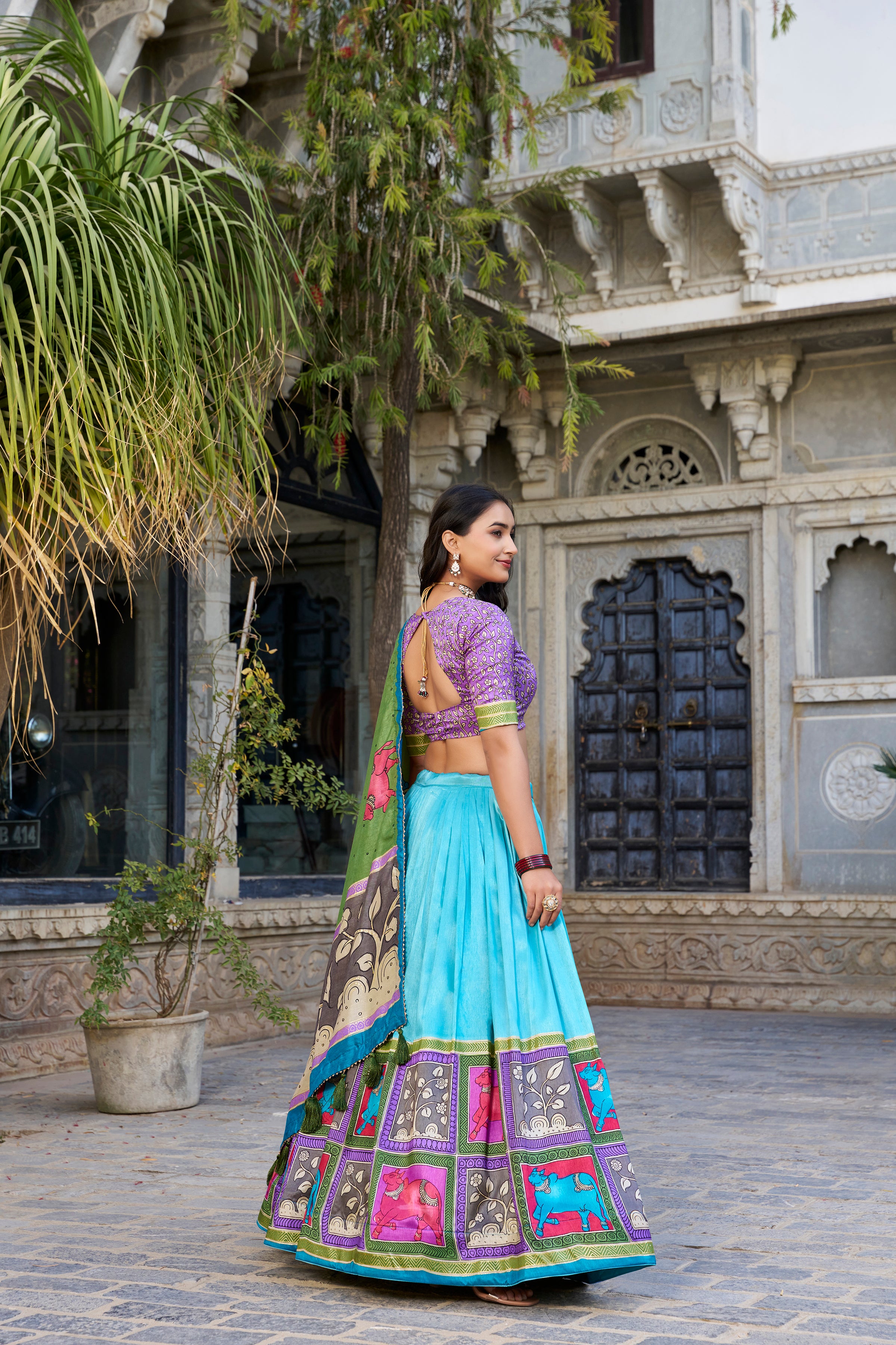 Lorenvalley Seagreen Tussar Silk Kalamkari With Foil Work Lehenga Choli with Dupatta