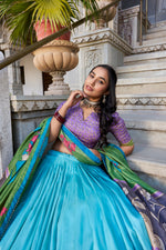 Thumbnail for Lorenvalley Seagreen Tussar Silk Kalamkari With Foil Work Lehenga Choli with Dupatta