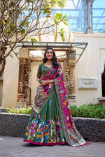 Thumbnail for Lorenvalley Mehendi Tussar Silk Kalamkari With Foil Work Lehenga Choli - Distacart