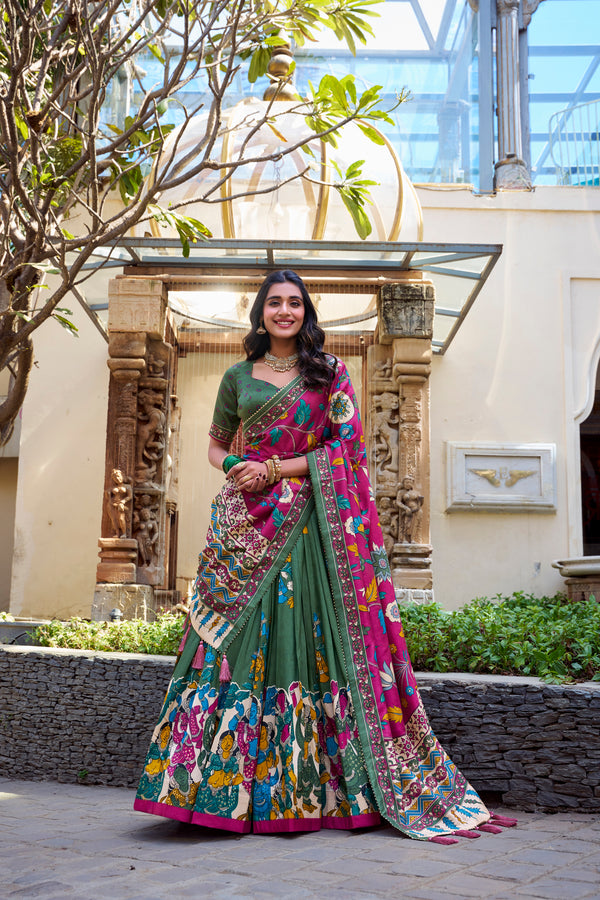 Lorenvalley Mehendi Tussar Silk Kalamkari With Foil Work Lehenga Choli - Distacart