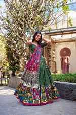 Thumbnail for Lorenvalley Mehendi Tussar Silk Kalamkari With Foil Work Lehenga Choli - Distacart