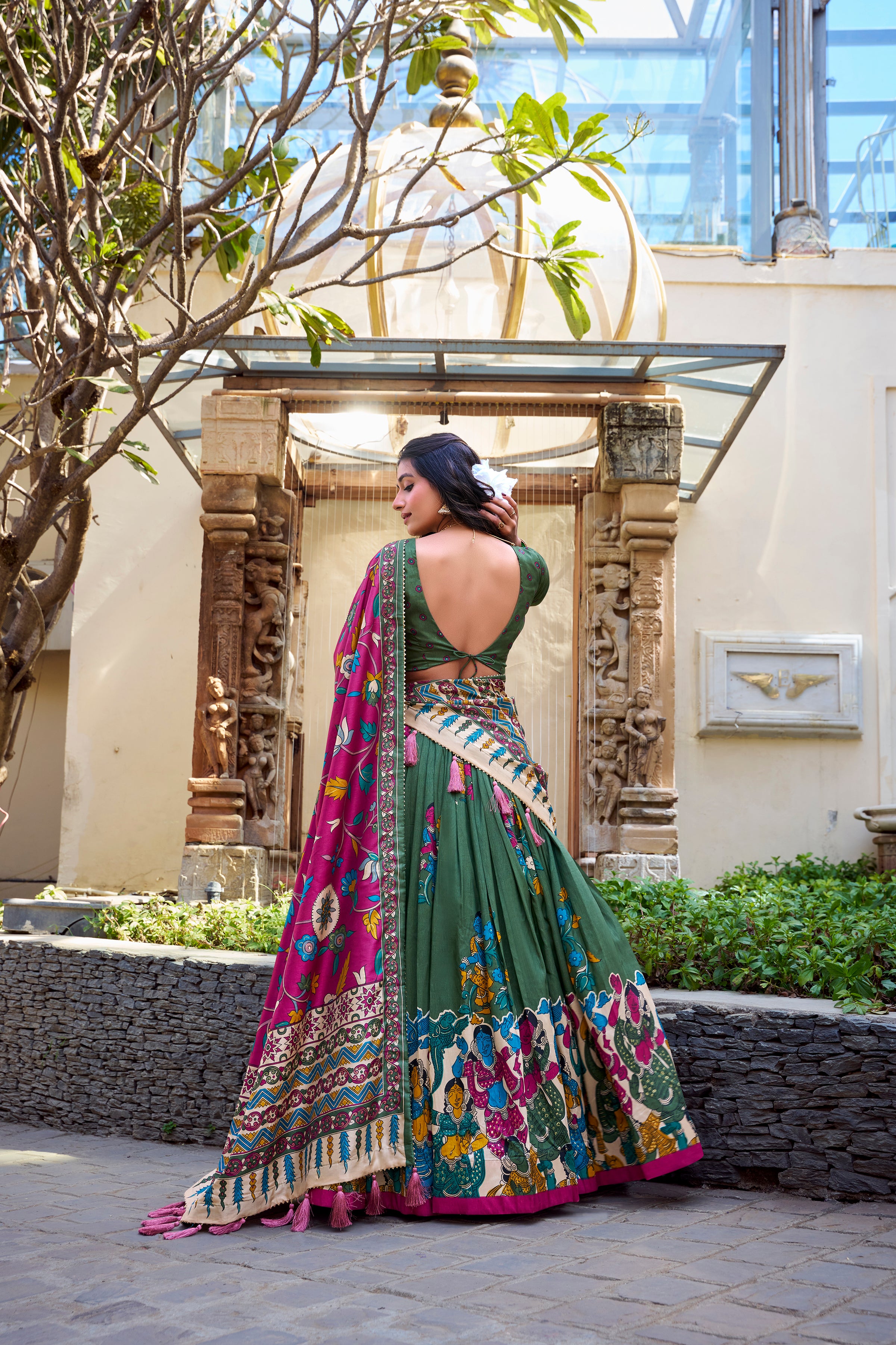 Lorenvalley Mehendi Tussar Silk Kalamkari With Foil Work Lehenga Choli - Distacart
