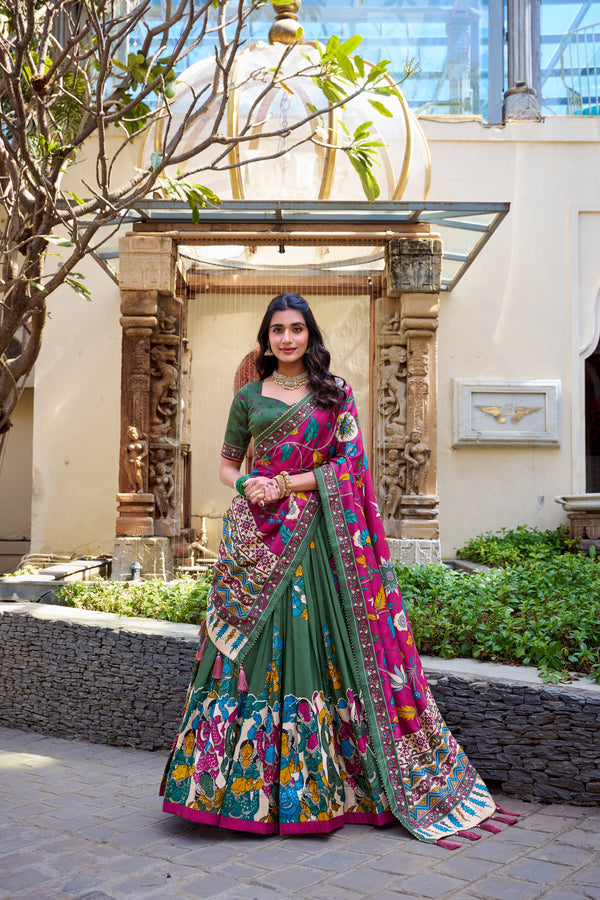 Lorenvalley Mehendi Tussar Silk Kalamkari With Foil Work Lehenga Choli - Distacart