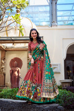 Thumbnail for Lorenvalley Rust Tussar Silk Kalamkari With Foil Work Lehenga Choli - Distacart