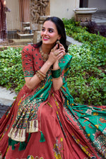 Thumbnail for Lorenvalley Rust Tussar Silk Kalamkari With Foil Work Lehenga Choli - Distacart