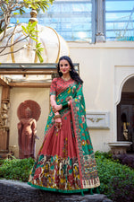 Thumbnail for Lorenvalley Rust Tussar Silk Kalamkari With Foil Work Lehenga Choli - Distacart