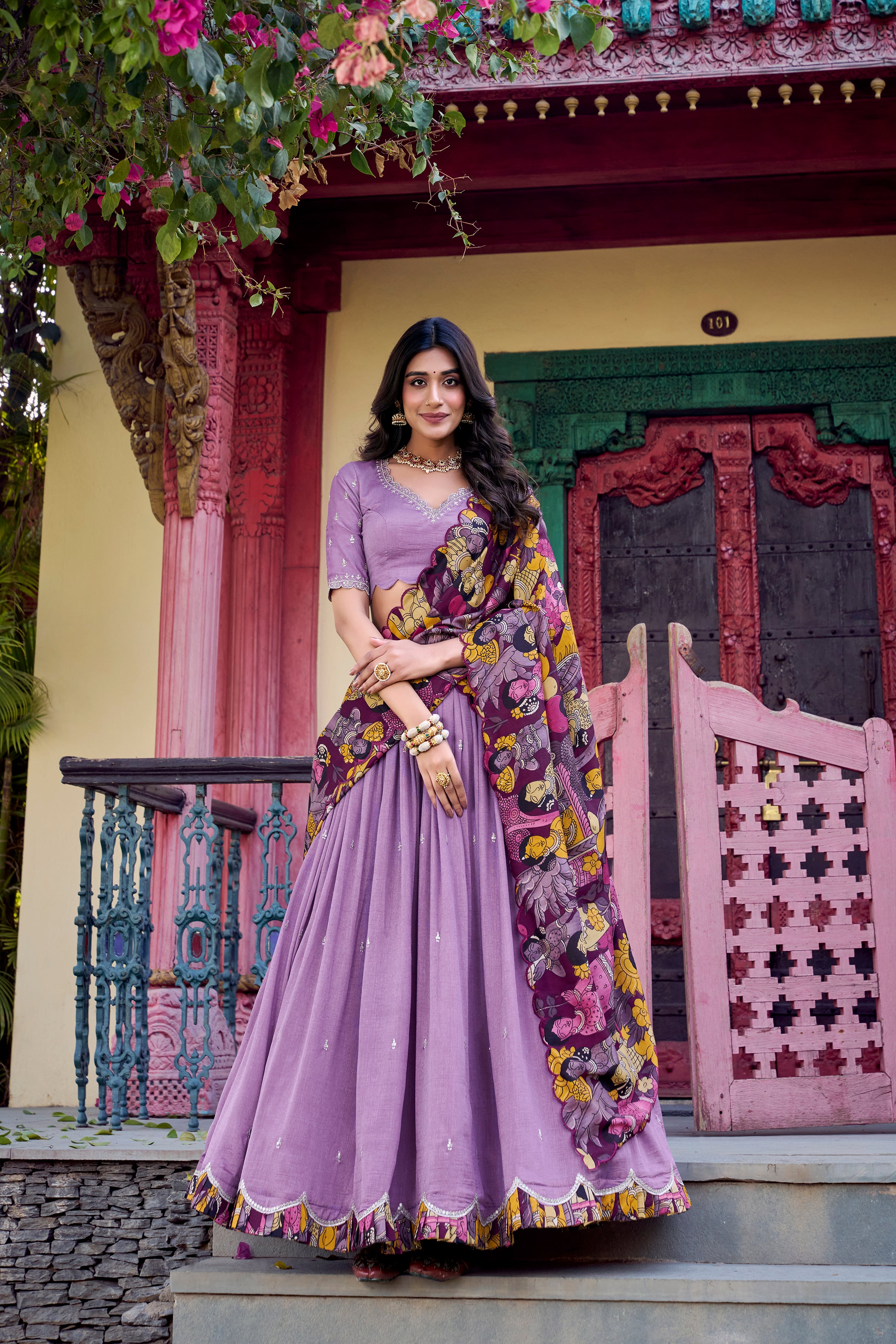 Lorenvalley Lavender Vichitra Silk Sequins and Thread Embroidery Work with Kalamkari Print Border Lehenga Choli with Dupatta - Distacart