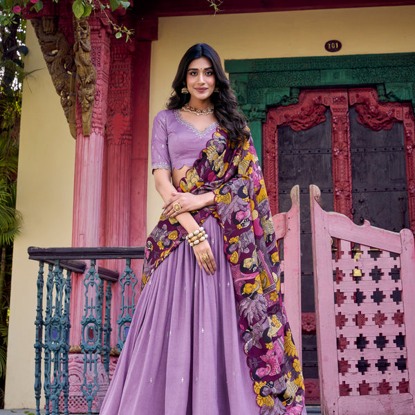Lorenvalley Lavender Vichitra Silk Sequins and Thread Embroidery Work with Kalamkari Print Border Lehenga Choli with Dupatta - Distacart