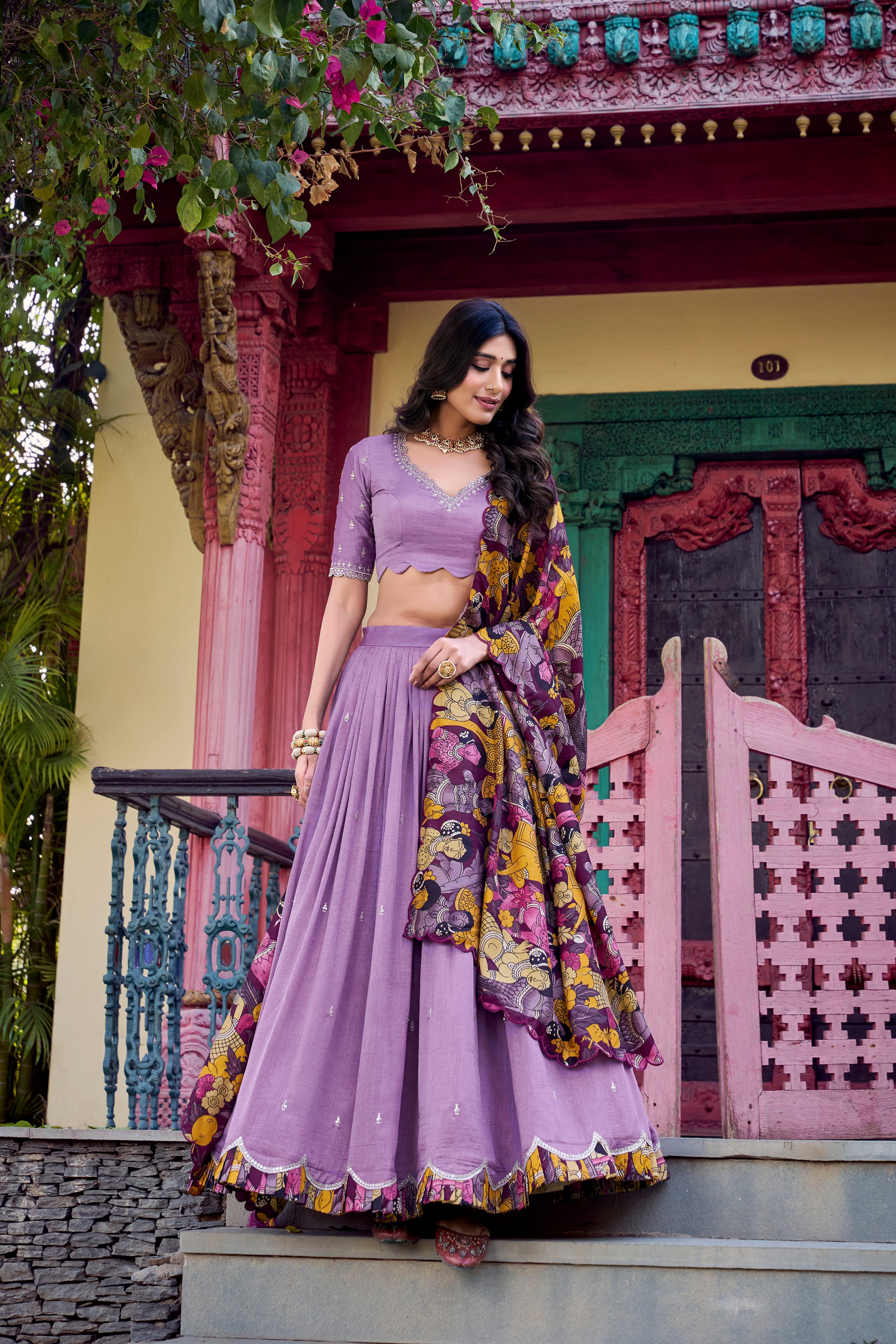 Lorenvalley Lavender Vichitra Silk Sequins and Thread Embroidery Work with Kalamkari Print Border Lehenga Choli with Dupatta - Distacart