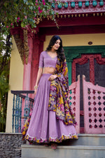Thumbnail for Lorenvalley Lavender Vichitra Silk Sequins and Thread Embroidery Work with Kalamkari Print Border Lehenga Choli with Dupatta
