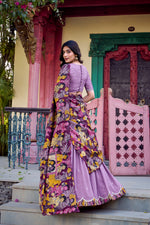 Thumbnail for Lorenvalley Lavender Vichitra Silk Sequins and Thread Embroidery Work with Kalamkari Print Border Lehenga Choli with Dupatta