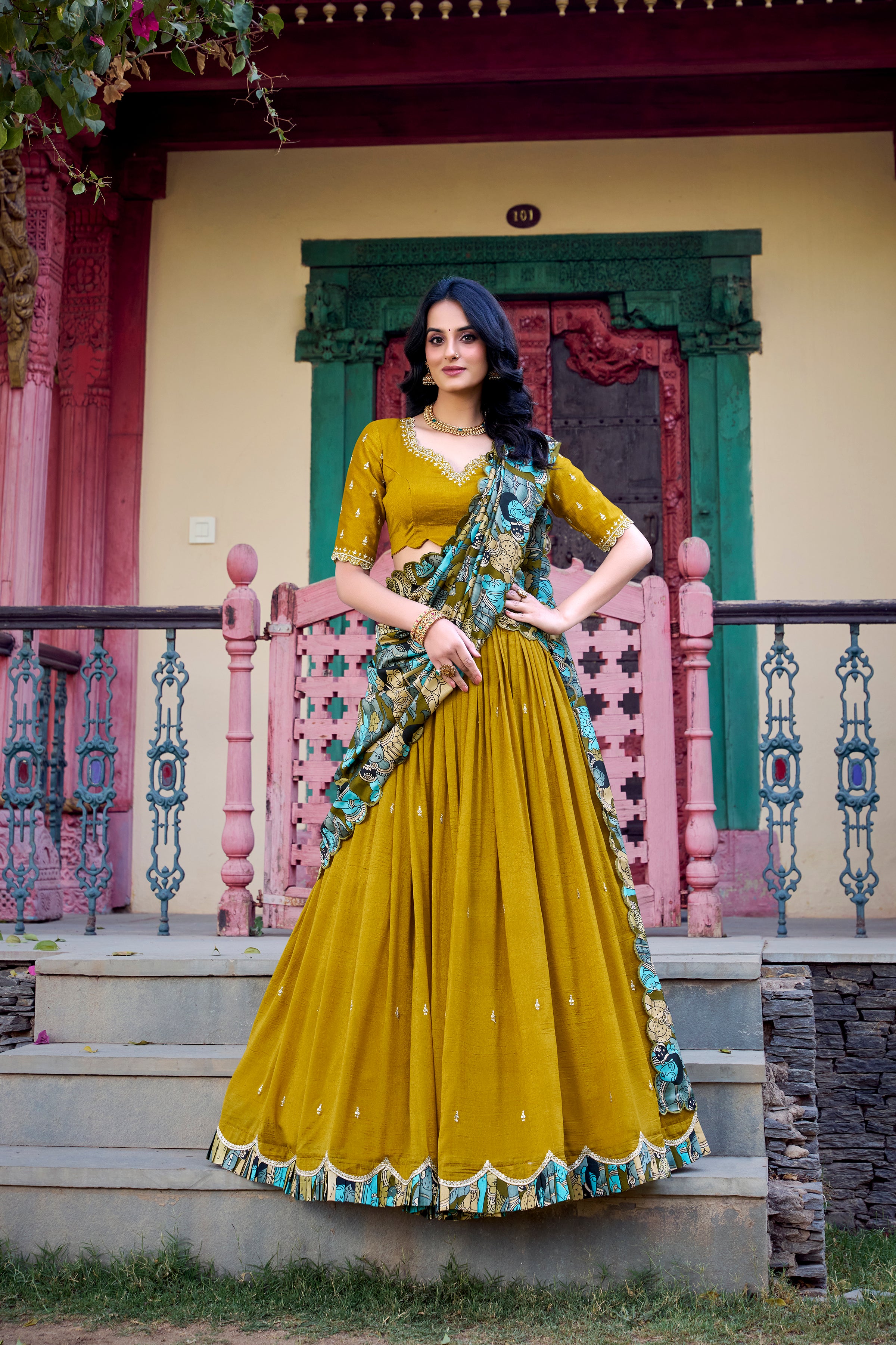 Lorenvalley Mustard Vichitra Silk Sequins and Thread Embroidery Work with Kalamkari Print Border Lehenga Choli with Dupatta - Distacart