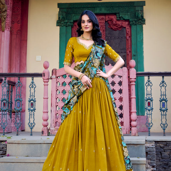 Lorenvalley Mustard Vichitra Silk Sequins and Thread Embroidery Work with Kalamkari Print Border Lehenga Choli with Dupatta - Distacart