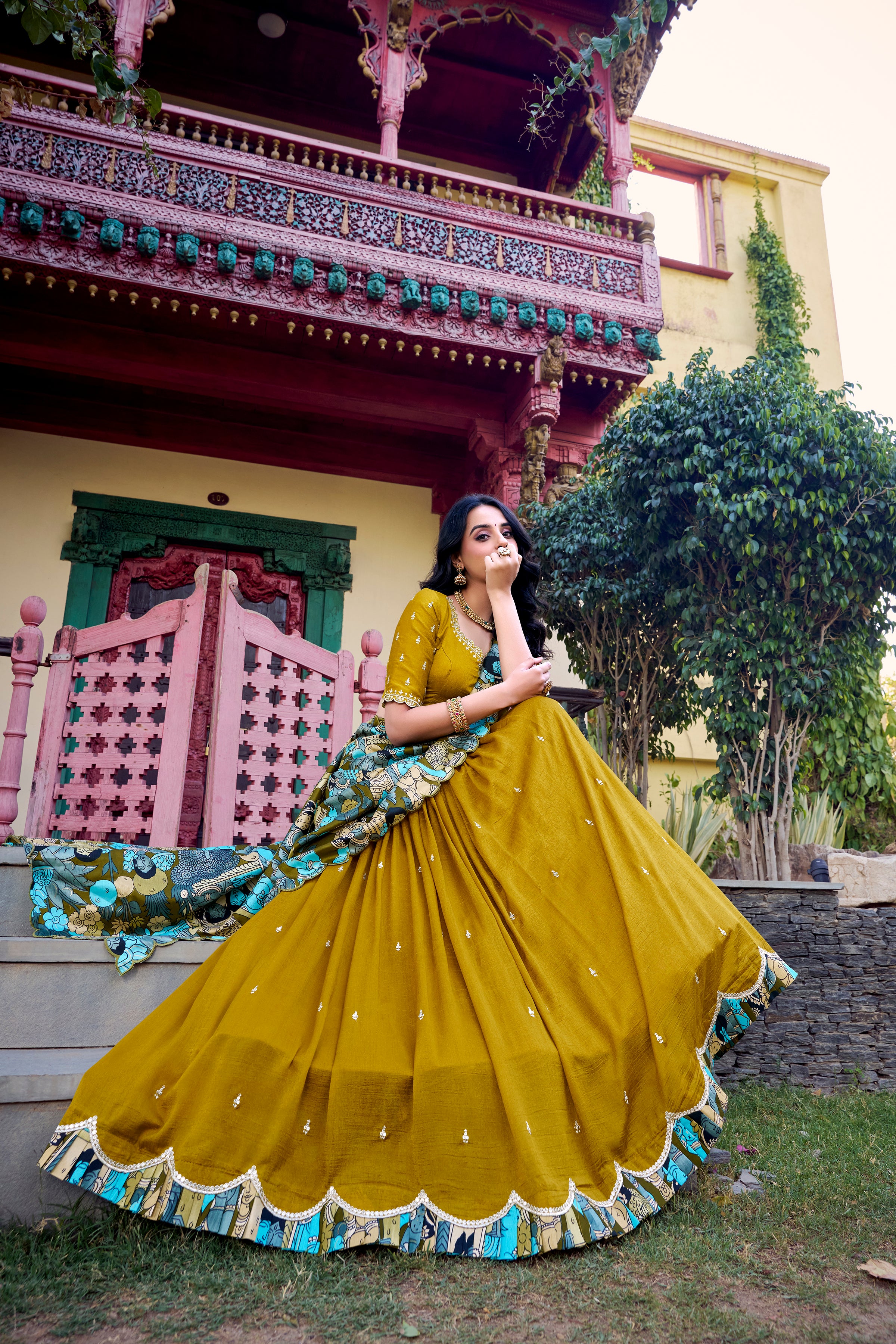 Lorenvalley Mustard Vichitra Silk Sequins and Thread Embroidery Work with Kalamkari Print Border Lehenga Choli with Dupatta - Distacart