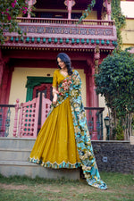 Thumbnail for Lorenvalley Mustard Vichitra Silk Sequins and Thread Embroidery Work with Kalamkari Print Border Lehenga Choli with Dupatta