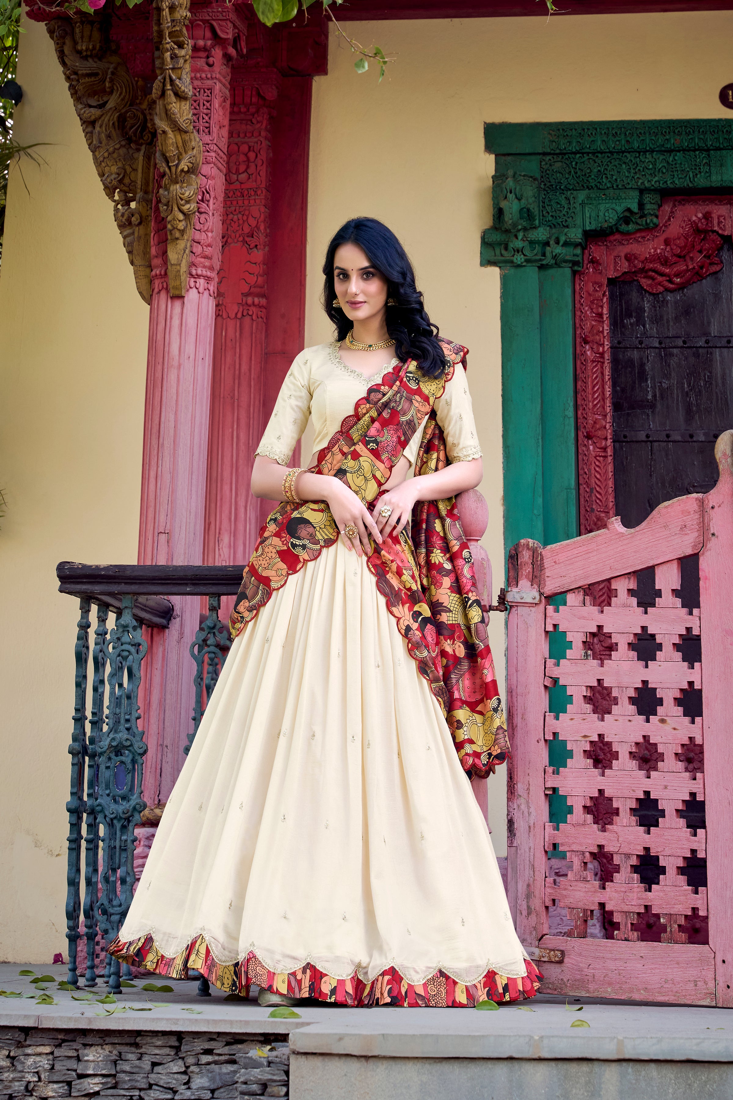 Lorenvalley Off White Vichitra Silk Sequins and Thread Embroidery Work with Kalamkari Print Border Lehenga Choli with Dupatta - Distacart