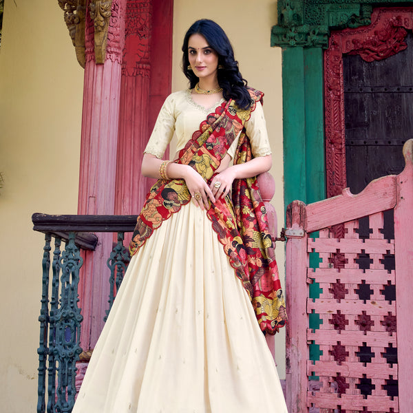Lorenvalley Off White Vichitra Silk Sequins and Thread Embroidery Work with Kalamkari Print Border Lehenga Choli with Dupatta - Distacart