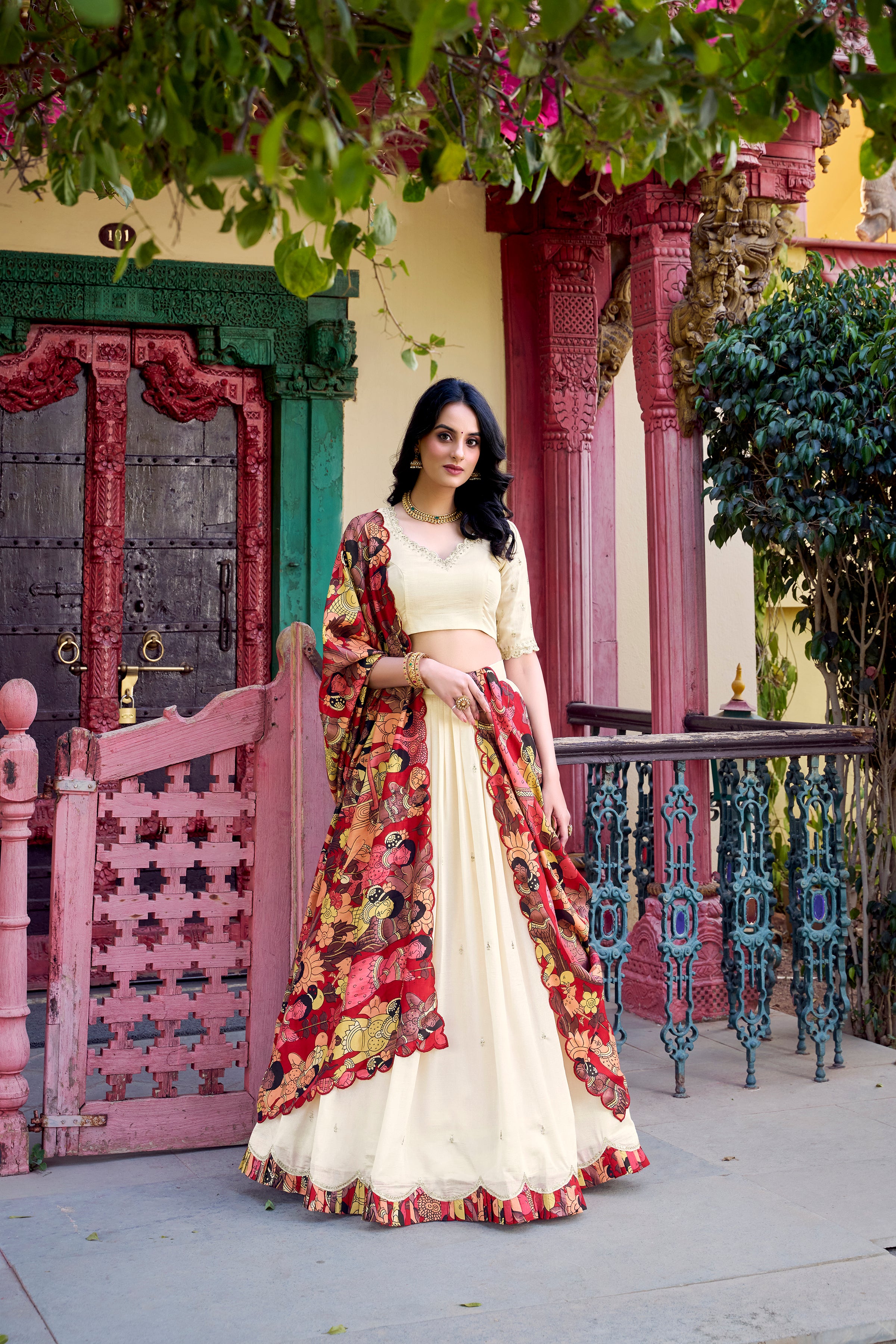 Lorenvalley Off White Vichitra Silk Sequins and Thread Embroidery Work with Kalamkari Print Border Lehenga Choli with Dupatta - Distacart