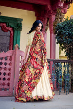 Thumbnail for Lorenvalley Off White Vichitra Silk Sequins and Thread Embroidery Work with Kalamkari Print Border Lehenga Choli with Dupatta