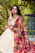 Thumbnail for Lorenvalley Off White Vichitra Silk Sequins and Thread Embroidery Work with Kalamkari Print Border Lehenga Choli with Dupatta