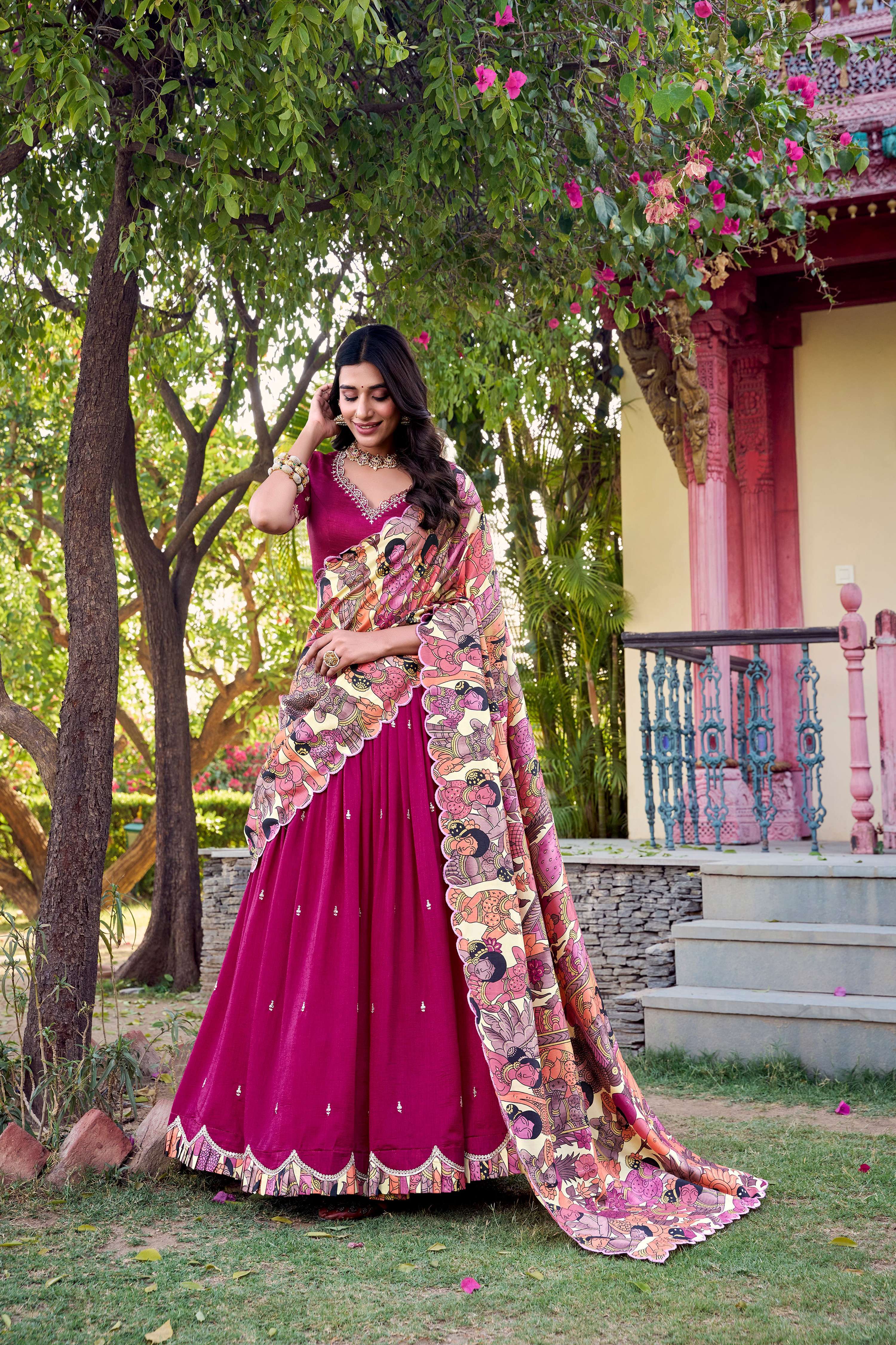 Lorenvalley Pink Vichitra Silk Sequins and Thread Embroidery Work with Kalamkari Print Border Lehenga Choli with Dupatta - Distacart