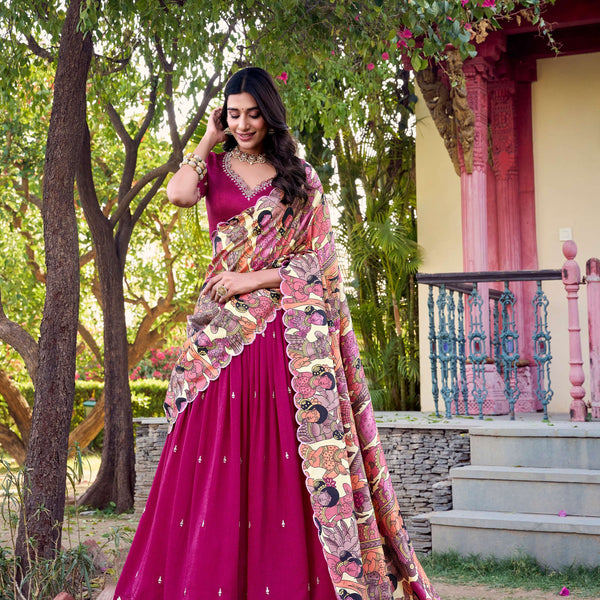 Lorenvalley Pink Vichitra Silk Sequins and Thread Embroidery Work with Kalamkari Print Border Lehenga Choli with Dupatta - Distacart