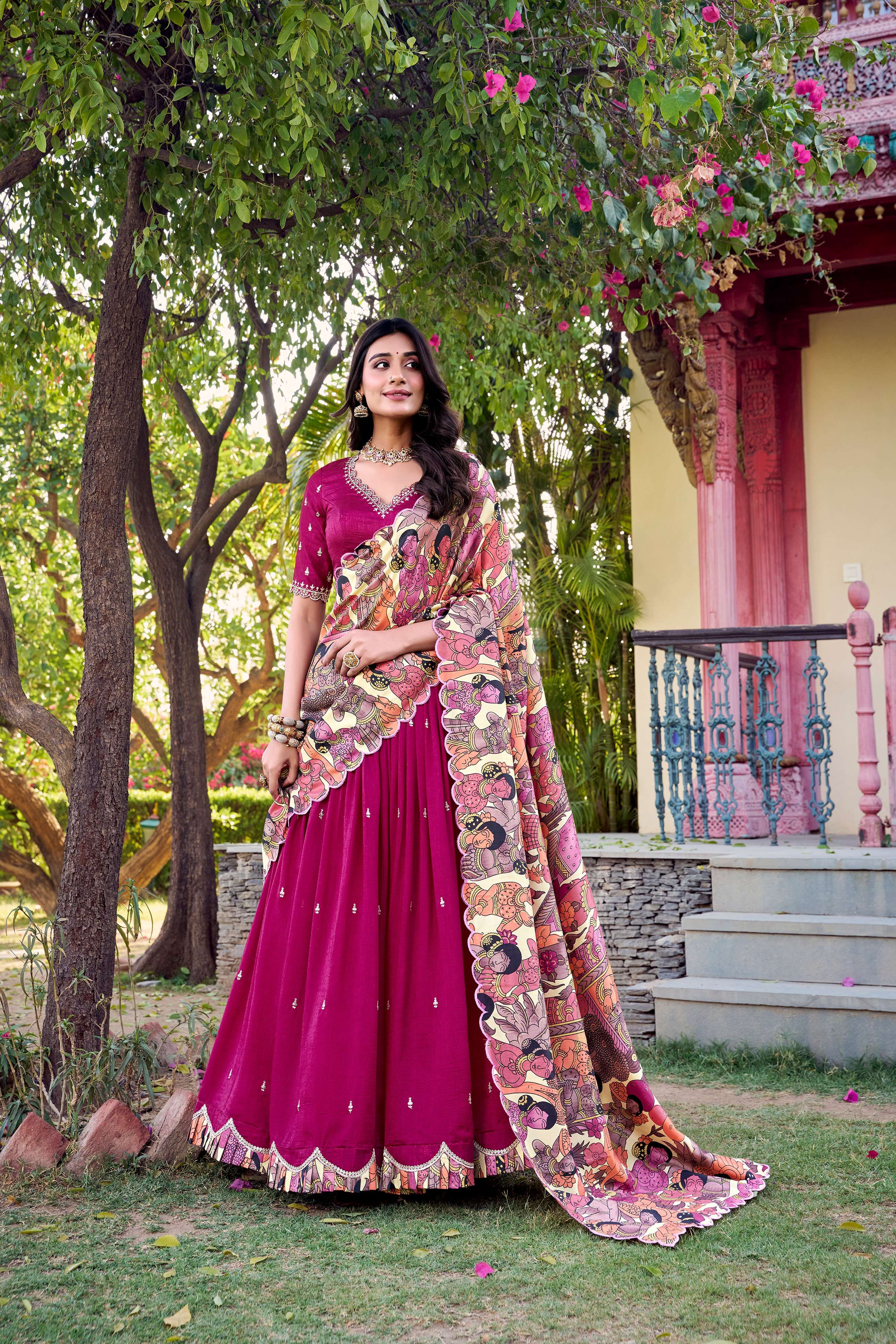Lorenvalley Pink Vichitra Silk Sequins and Thread Embroidery Work with Kalamkari Print Border Lehenga Choli with Dupatta - Distacart