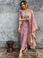 Thumbnail for Kalini Ethnic Motifs Embroidered Zari Chanderi Cotton Kurta With Trousers & Dupatta - Distacart