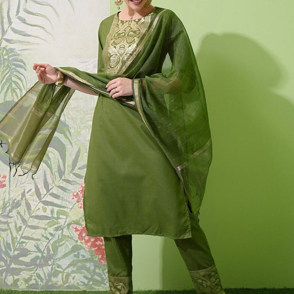 Vishudh Green Ethnic Motifs Yoke Design Zari Straight Kurta With Trousers & Dupatta - Distacart