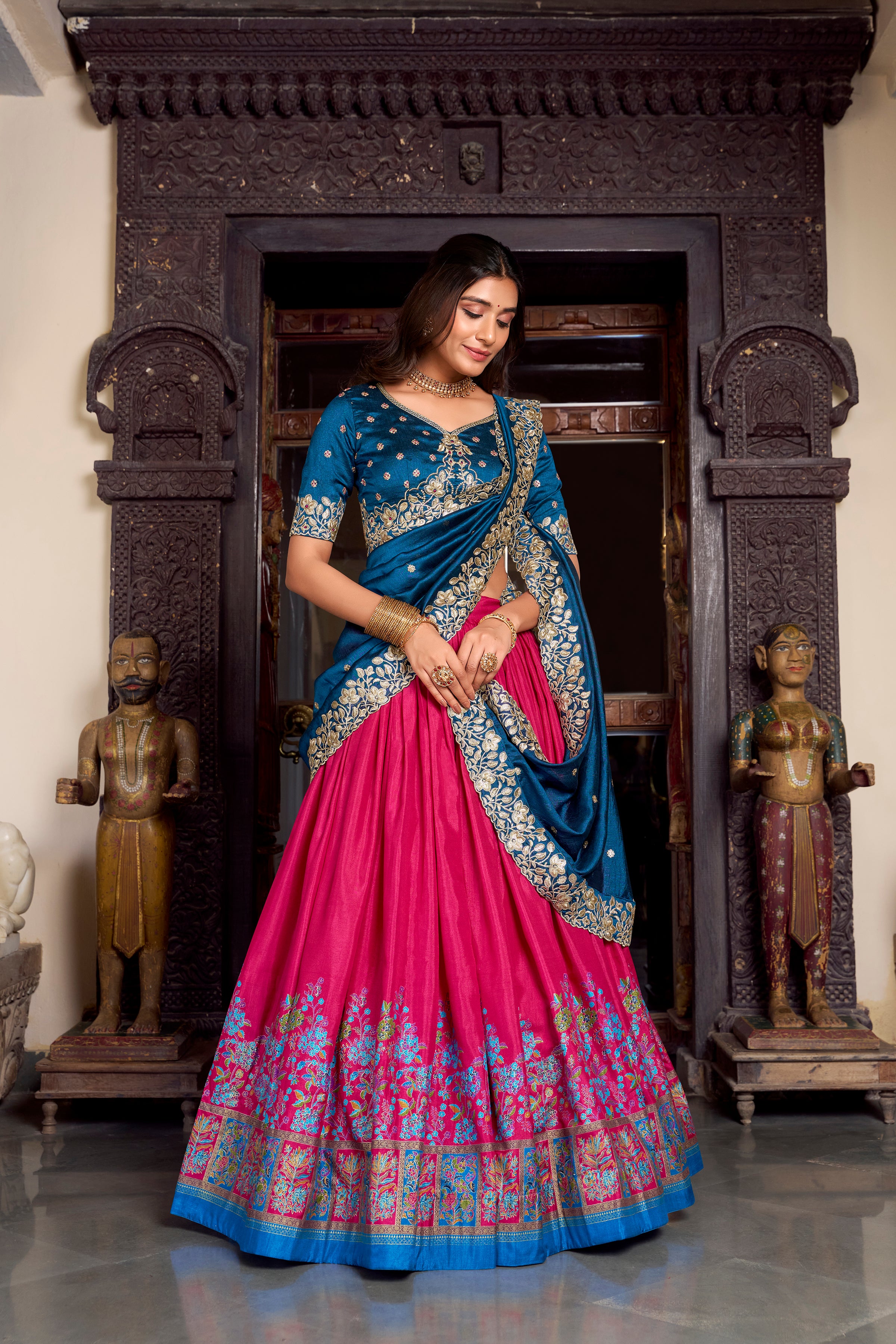 Lorenvalley Pink Tussar Silk Printed With Foil Work Lehenga Choli with Dupatta - Distacart