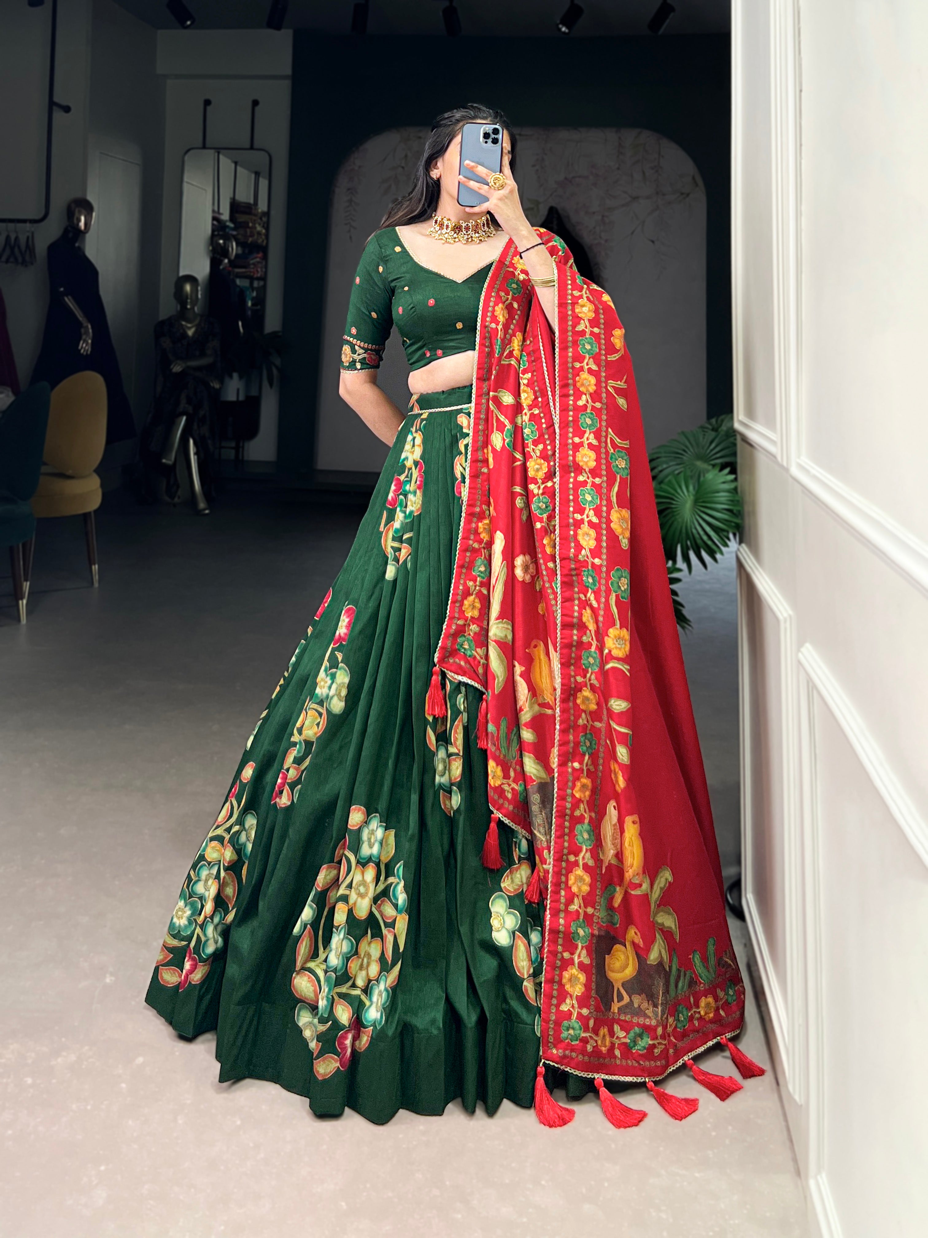 Lorenvalley Green Tussar Silk Printed And Foil Work With Lace Touch Up Lehenga Choli with Dupatta - Distacart