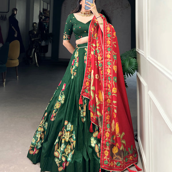 Lorenvalley Green Tussar Silk Printed And Foil Work With Lace Touch Up Lehenga Choli with Dupatta - Distacart