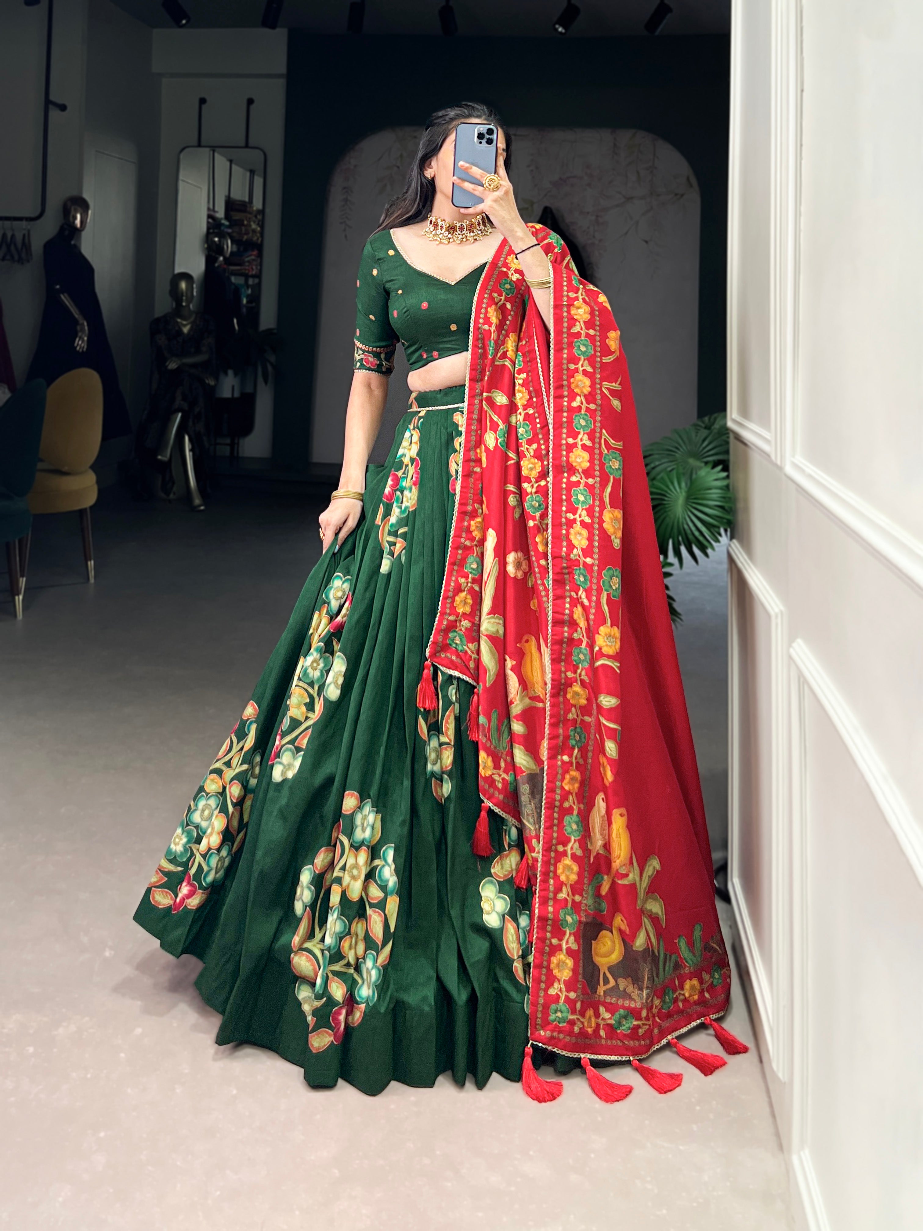 Lorenvalley Green Tussar Silk Printed And Foil Work With Lace Touch Up Lehenga Choli with Dupatta - Distacart