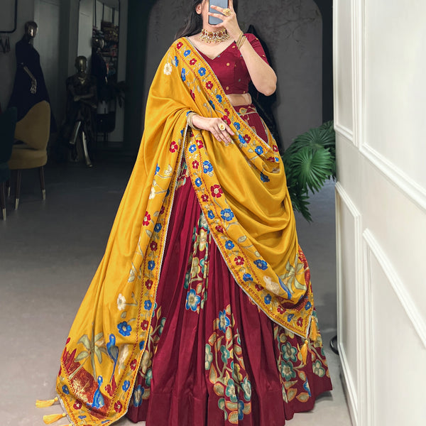 Lorenvalley Maroon Tussar Silk Printed And Foil Work With Lace Touch Up Lehenga Choli with Dupatta - Distacart