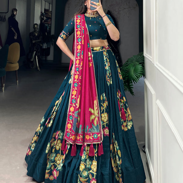 Lorenvalley Teal Tussar Silk Printed And Foil Work With Lace Touch Up Lehenga Choli with Dupatta - Distacart
