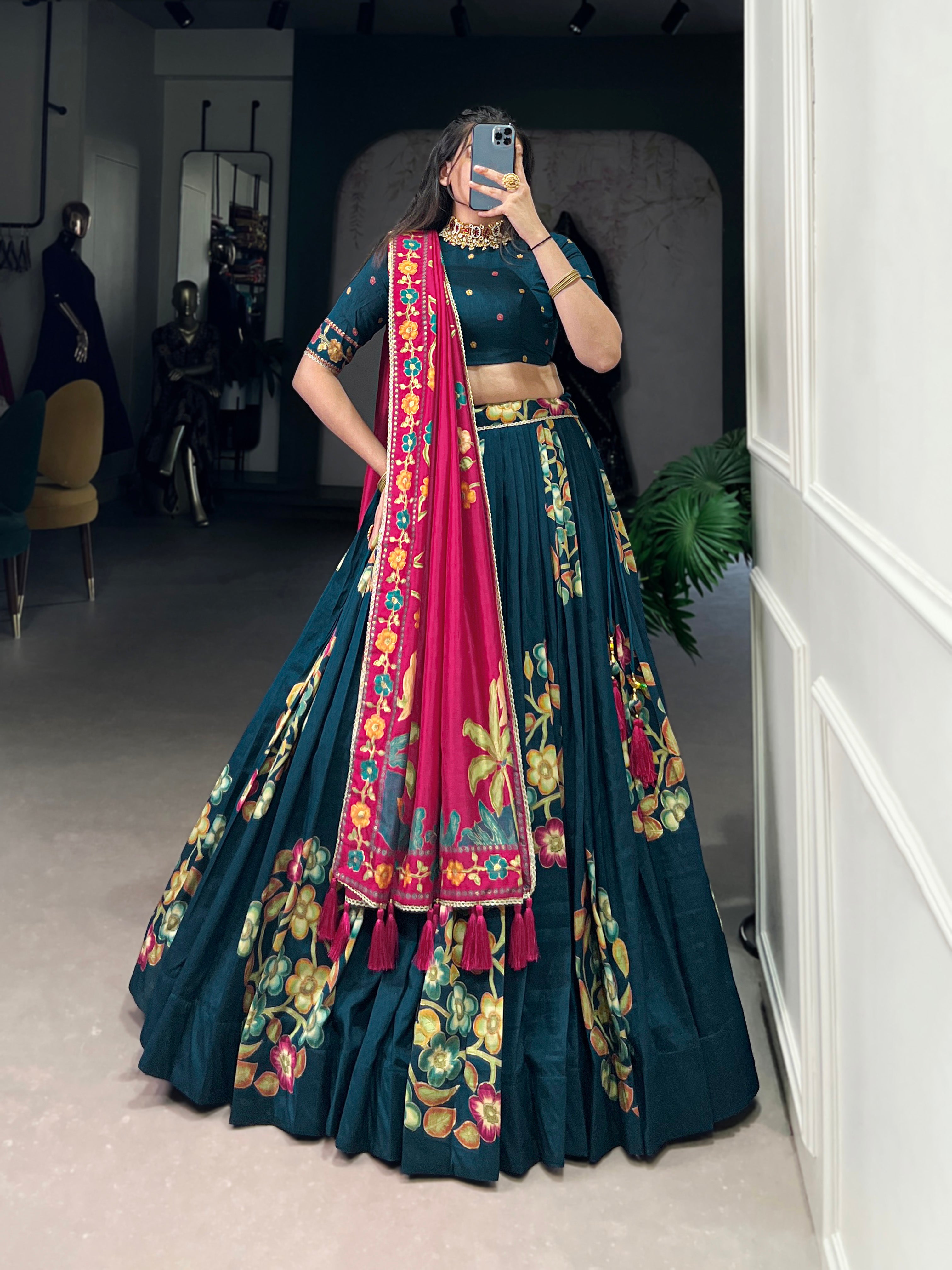 Lorenvalley Teal Tussar Silk Printed And Foil Work With Lace Touch Up Lehenga Choli with Dupatta - Distacart