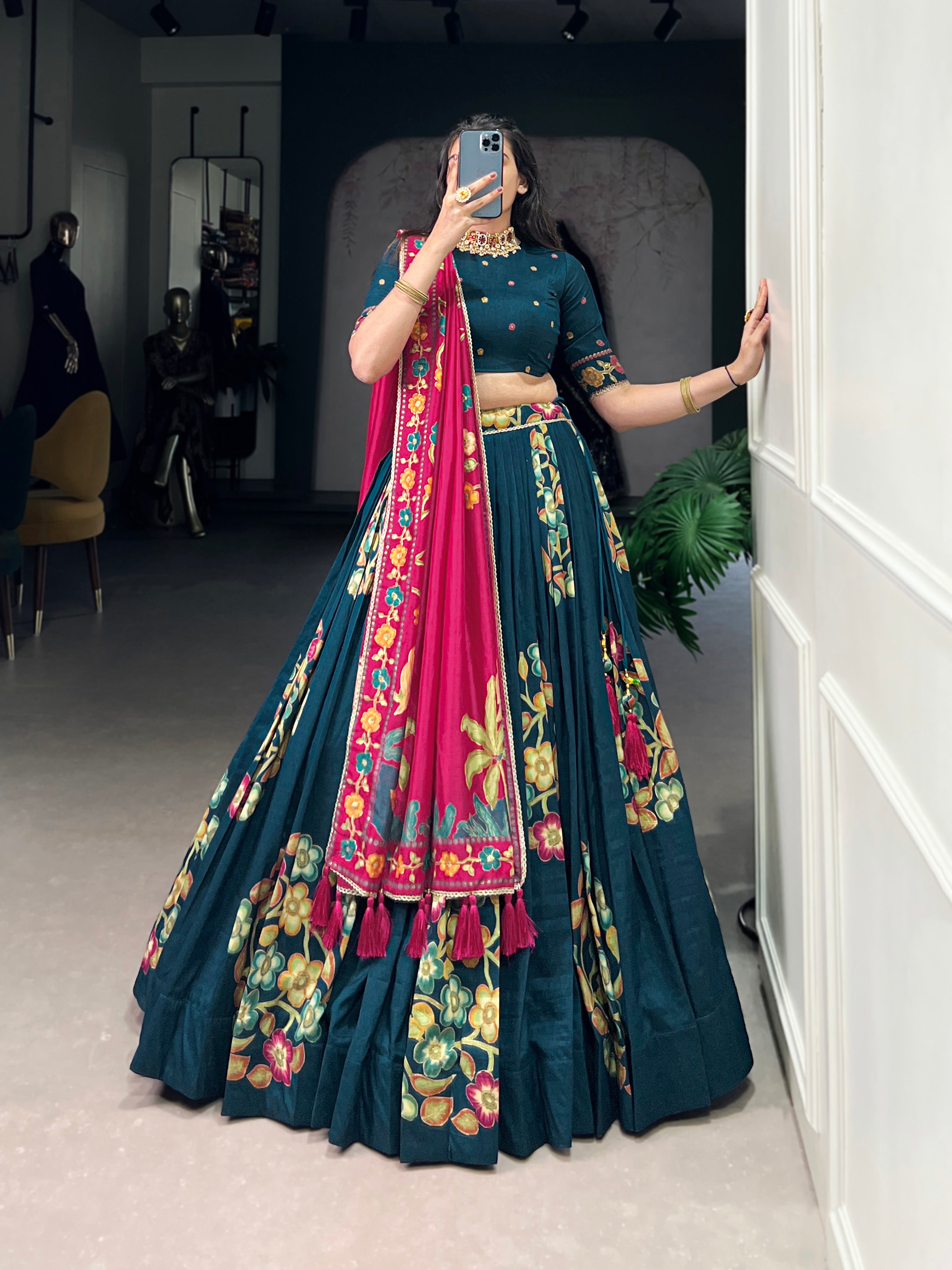 Lorenvalley Teal Tussar Silk Printed And Foil Work With Lace Touch Up Lehenga Choli with Dupatta - Distacart