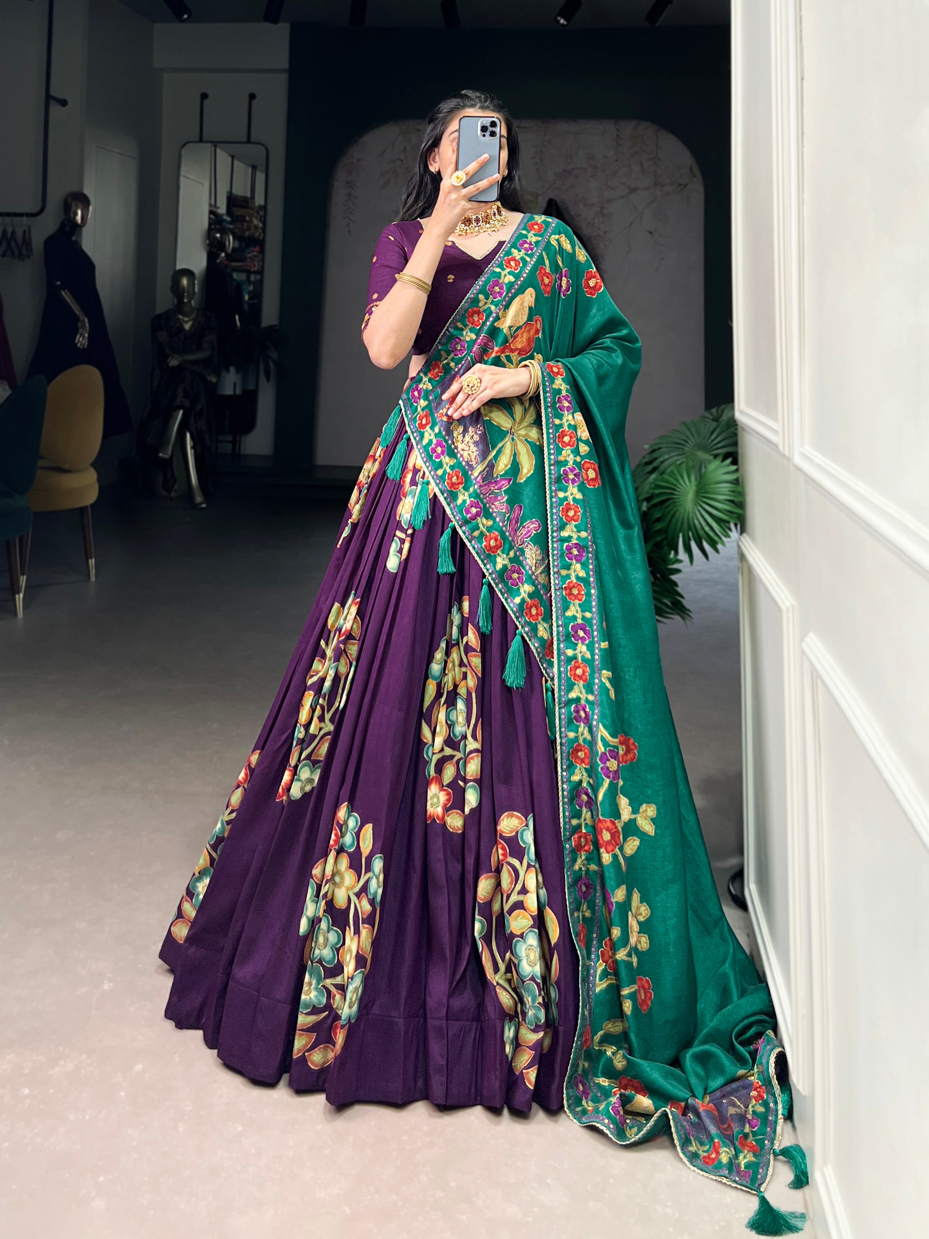 Lorenvalley Purple Tussar Silk Printed And Foil Work With Lace Touch Up Lehenga Choli with Dupatta - Distacart