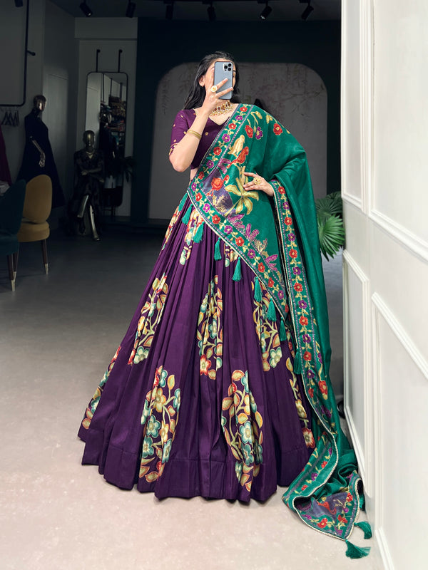Lorenvalley Purple Tussar Silk Printed And Foil Work With Lace Touch Up Lehenga Choli with Dupatta