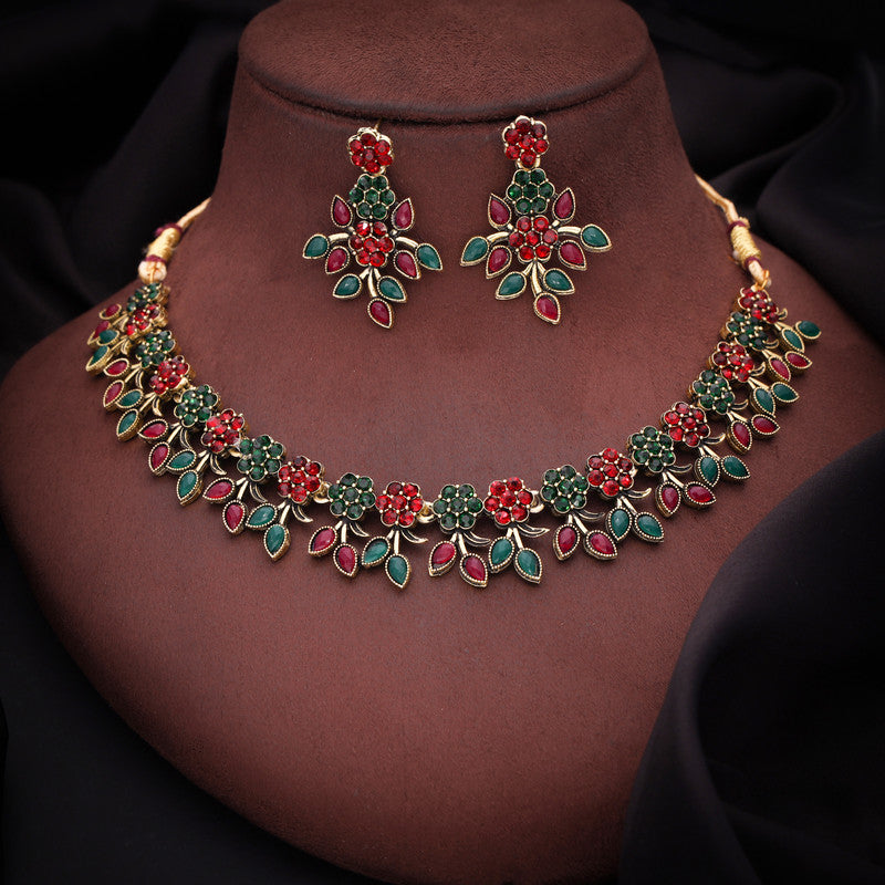 Tehzeeb Creations Green And Maroon Pack of 1 Gold-Polished Choker Necklace Set With Earring For Women & Girls - Distacart