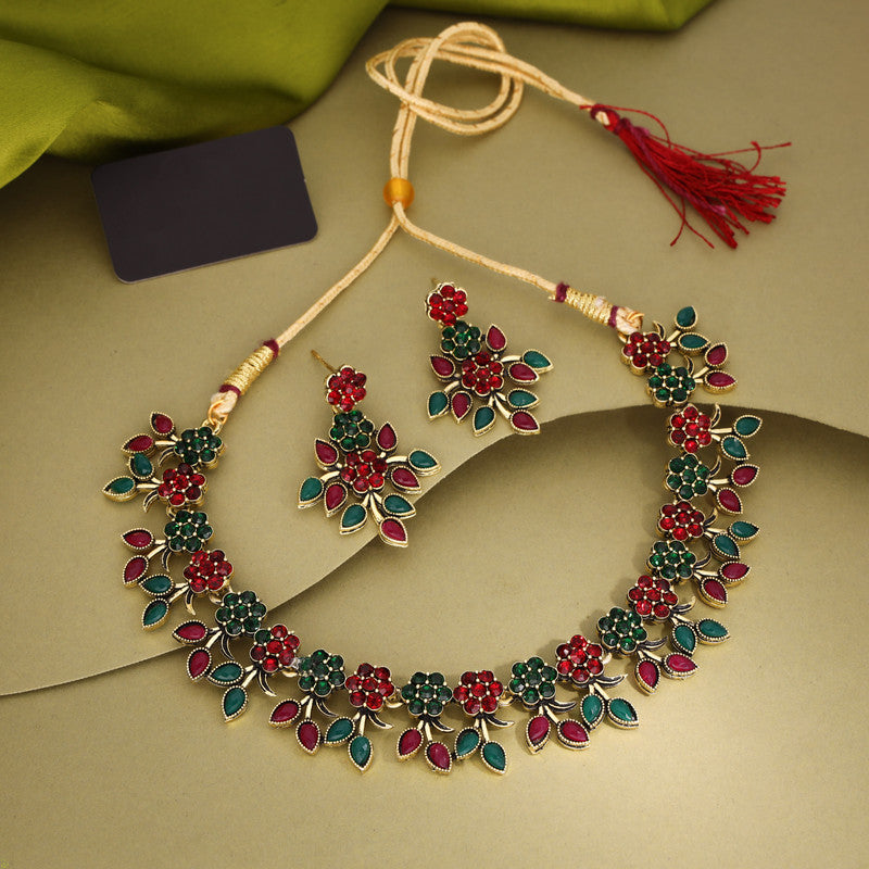 Tehzeeb Creations Green And Maroon Pack of 1 Gold-Polished Choker Necklace Set With Earring For Women & Girls - Distacart