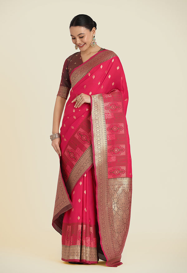 Monjolika Fashion Pink Color Banarasi Soft Silk Trendy Saree