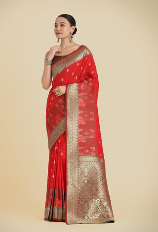 Monjolika Fashion Red Color Banarasi Soft Silk Trendy Saree - Distacart