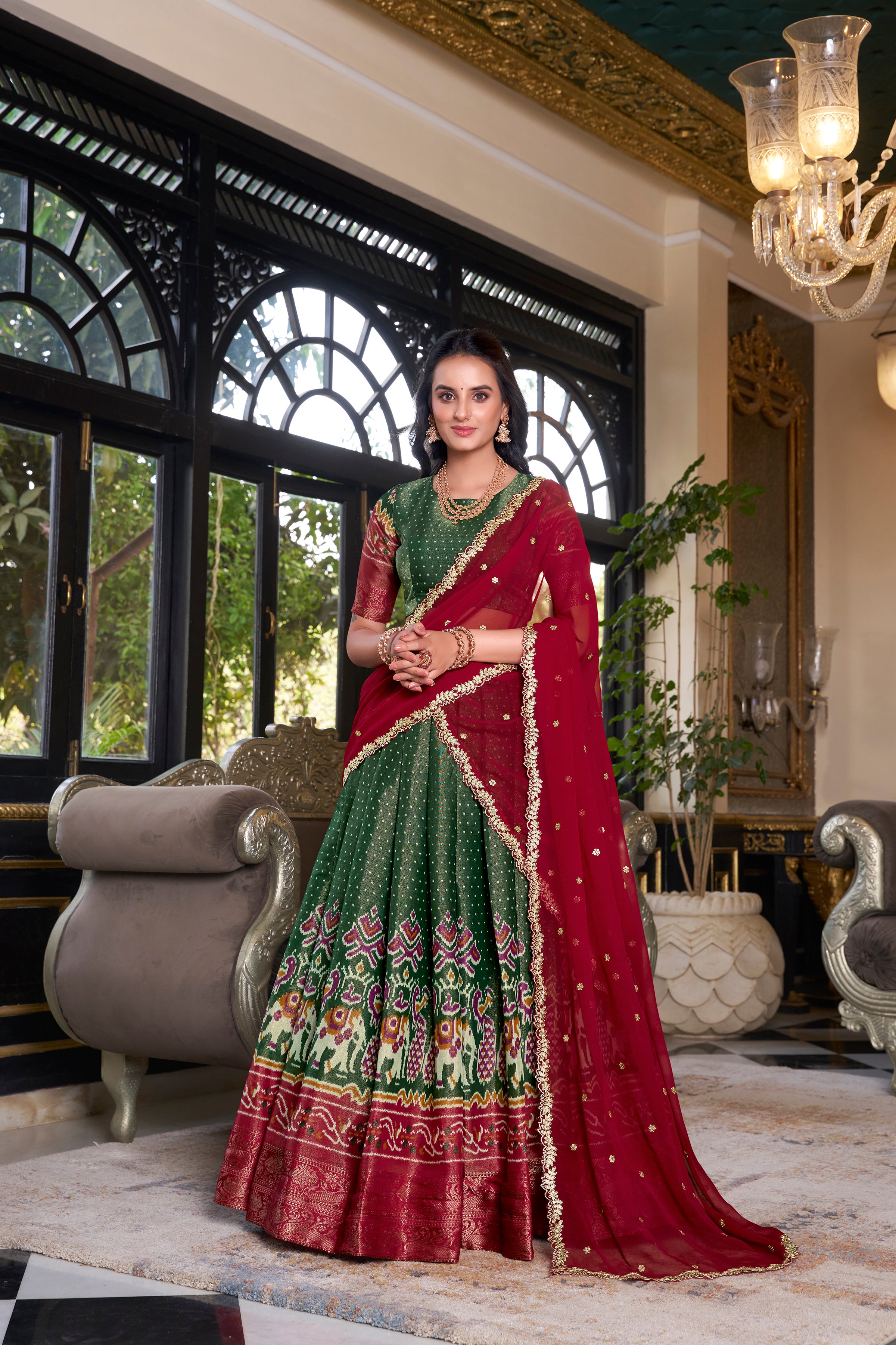 Lorenvalley Green Kanchipuram Printed With Zari Weaving Work Lehenga Choli with Dupatta - Distacart