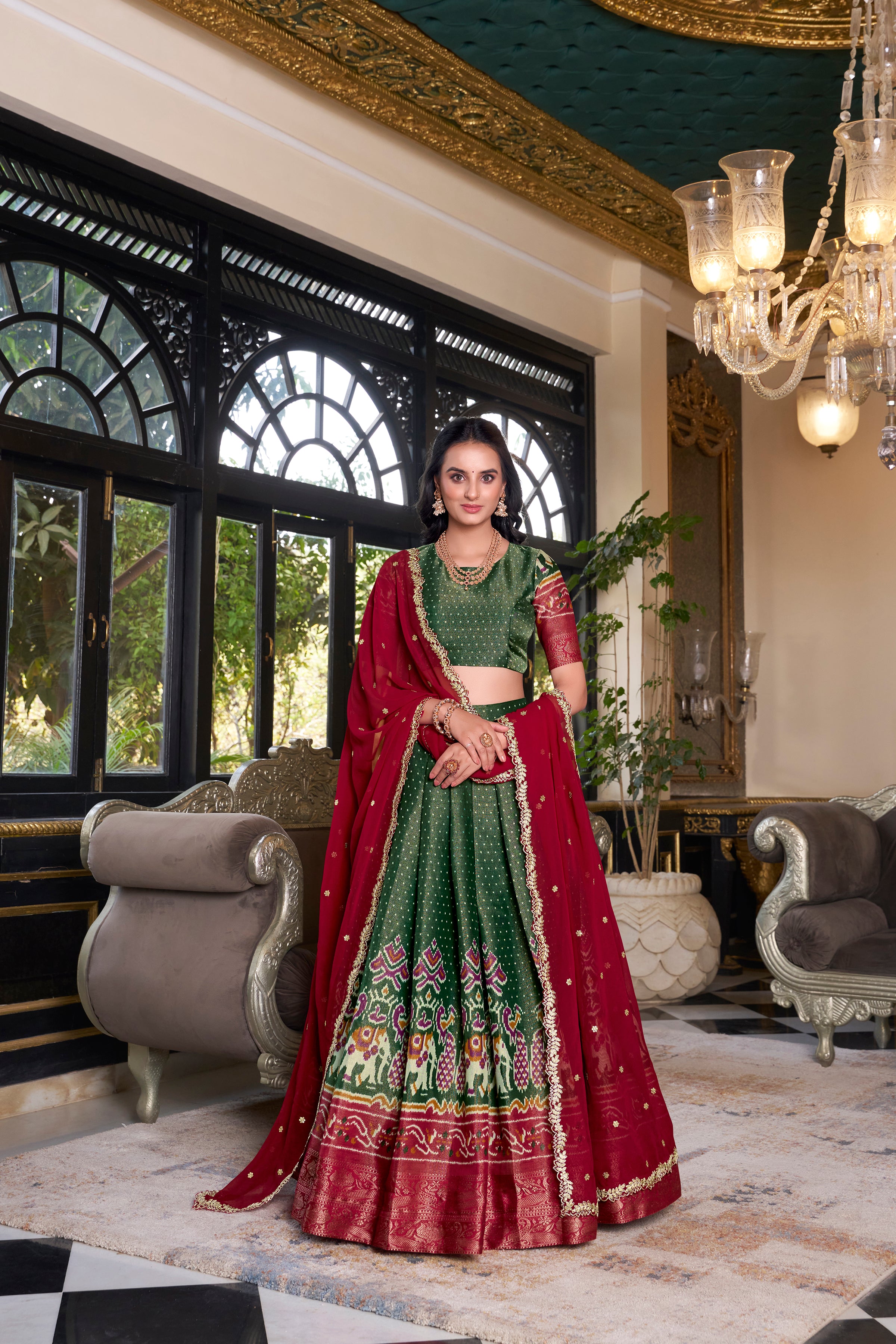 Lorenvalley Green Kanchipuram Printed With Zari Weaving Work Lehenga Choli with Dupatta - Distacart