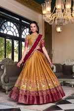 Thumbnail for Lorenvalley Mustard Kanchipuram Printed With Zari Weaving Work Lehenga Choli with Dupatta