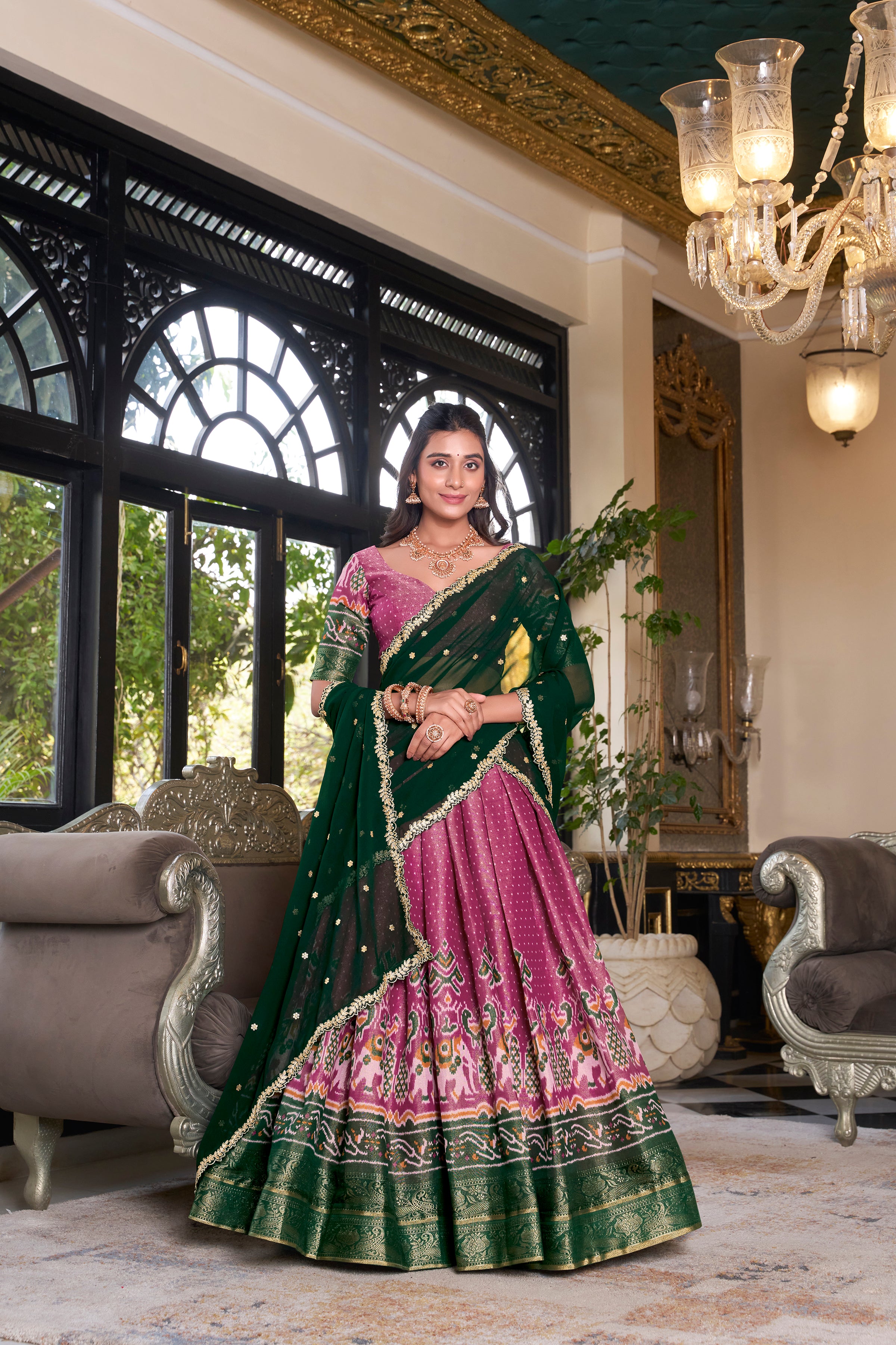 Lorenvalley Pink Kanchipuram Printed With Zari Weaving Work Lehenga Choli with Dupatta - Distacart