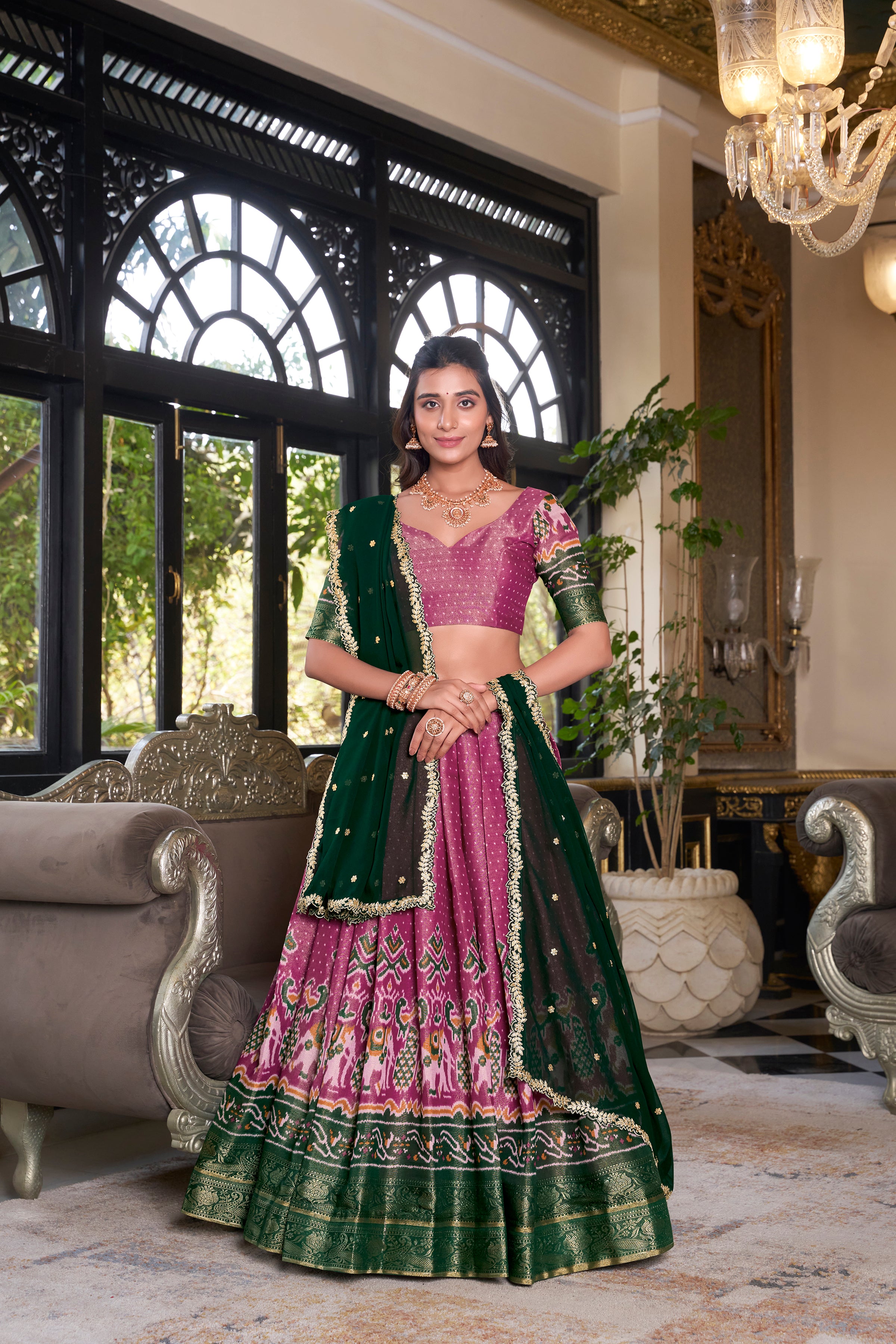 Lorenvalley Pink Kanchipuram Printed With Zari Weaving Work Lehenga Choli with Dupatta - Distacart