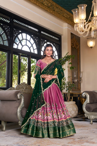 Lorenvalley Pink Kanchipuram Printed With Zari Weaving Work Lehenga Choli with Dupatta - Distacart
