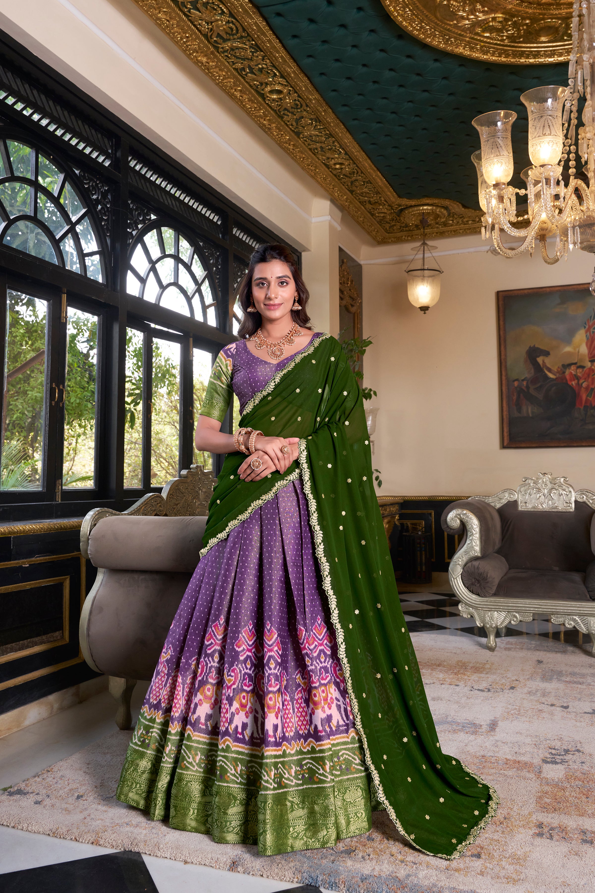Lorenvalley Purple Kanchipuram Printed With Zari Weaving Work Lehenga Choli with Dupatta - Distacart